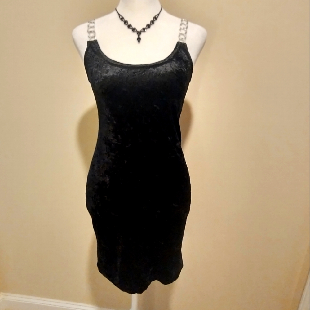 Cute Black Velvet Dress with Chain Straps